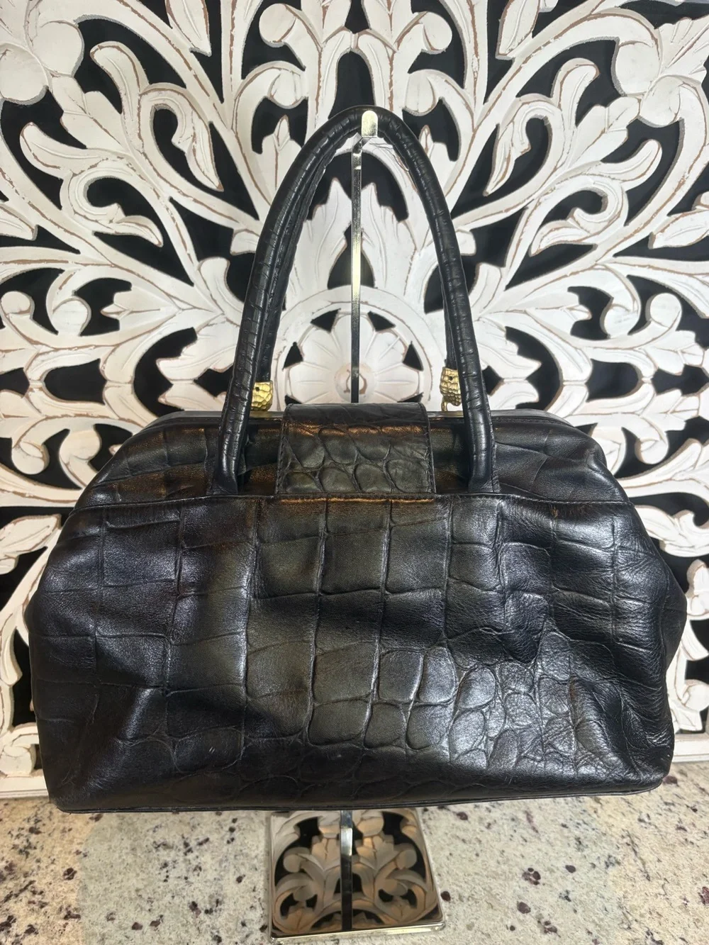 Peruzzi VTG Black Croc-Embossed Leather Satchel Handbag Made in Florence Italy